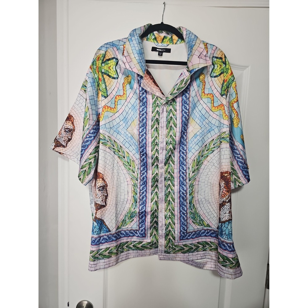 NOVAMEN Mens XXL 2XL Stained Glass Graphic Short Sleeve Button-Up Spread Collar